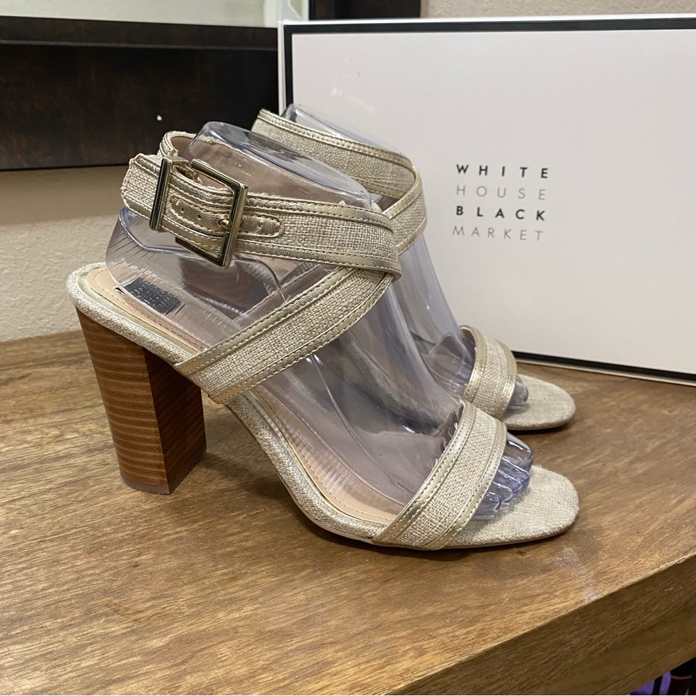 White House Black Market Parker Gold leather  linen Women's heel Sandals US Sz 9